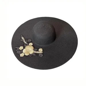 Damen Breite Krempe Strohhut Sommer Strand Sonnenschutz Blumen Stickerei Sonnenhut Damen Outdoor Reise Kappe