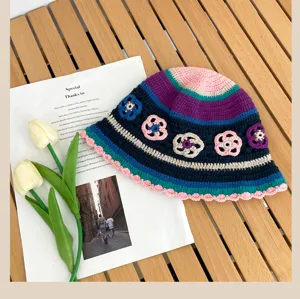 Handmade crochet bucket hat with colorful floral pattern, retro knit hat for women.