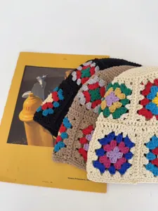 Handmade floral crochet bucket hat, retro color-block knit basin hat for women sweet style.