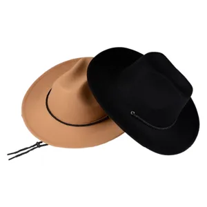 Gros plan detail sur le chapeau feutre western style fedora avec corde noire tressee.