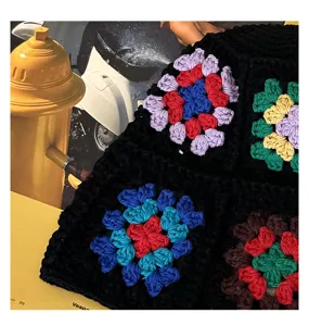 Handcrafted floral crochet bucket hat vintage colorblock knitted granny square cap for women.