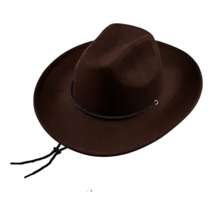 Détail chapeau cowboy western en feutre de laine marron foncé, chapeau jazz élégant.