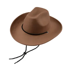 Chapeau de cowboy en feutre marron classique avec jugulaire noire, chapeau de jazz rétro.