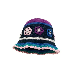 Handmade crochet bucket hat, retro colorful knit fisherman hat with cute floral appliques.