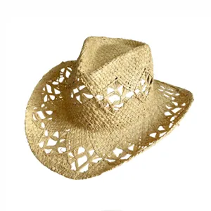 Hollow out straw cowboy hat summer beach sun protection breathable jazz hat for women