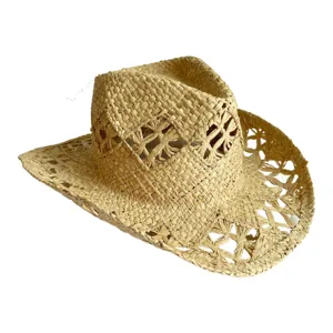 Hollow raffia straw cowboy hat with intricate woven patterns for stylish summer beach protection.