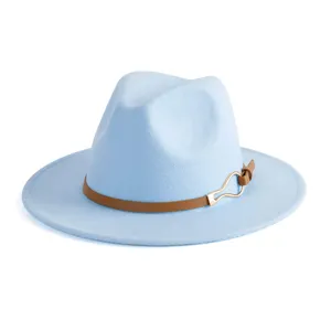 Light blue fedora hat detail featuring a chic brown belt and gold metal buckle for men and women.