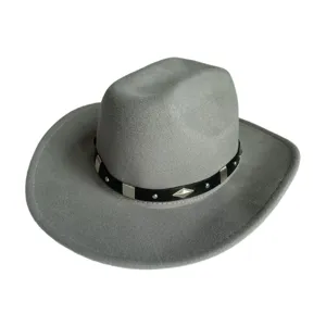 Close-up detail of grey felt cowboy hat, featuring black leather band and silver metal rivets.