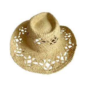 Stylish hollow straw hat for women and men, perfect summer beach sun hat with breathable design.