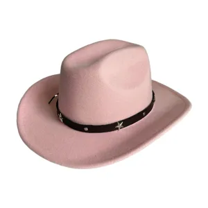 Pink felt western cowboy hat featuring black leather strap and chic silver star studs detail.
