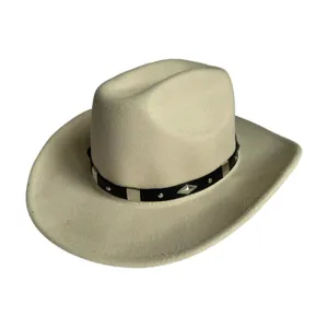Beige felt western cowboy hat with black leather band and silver metal studs for men and women.