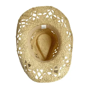 Hollow out raffia straw hat detail view, breathable summer beach sun hat with inner label.