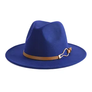 Blue fedora hat with brown belt, classic British retro jazz hat style for daily wear.