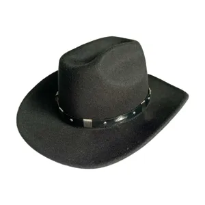 Black felt western cowboy hat for men and women, retro jazz fedora hat with metal studded band.
