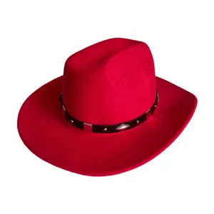 Red felt western cowboy hat detail showing the black leather strap and metal stud decoration.
