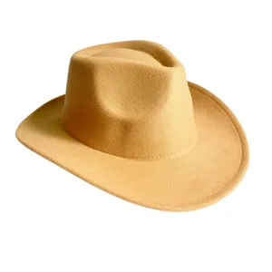 Close-up of a camel wool felt fedora cowboy hat, vintage retro style for autumn and winter.