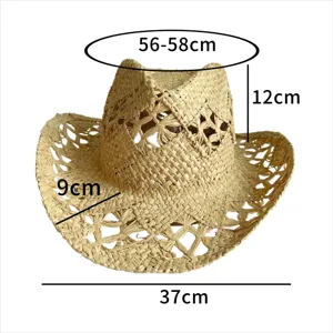 Hollow-out raffia straw sun hat for summer beach vacation, breathable fedora hat with dimensions.
