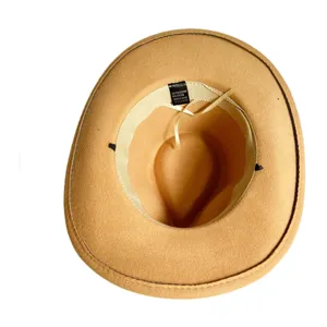 Detailed view of a camel wool felt fedora hat, unisex vintage cowboy style for autumn winter.