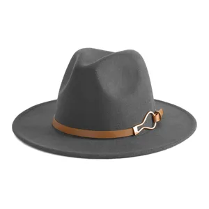 Classic grey wool fedora hat with brown leather belt and metal buckle for unisex fashion.