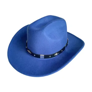 Detailed view of the blue felt western cowboy hat featuring a black band with metal studs.