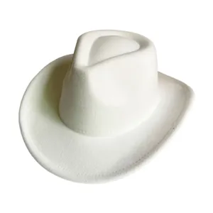 White felt cowboy hat close-up detail showing classic texture and curved brim design.