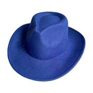 Blue wool fedora hat for men and women, classic retro western cowboy style for autumn.