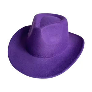 Detailed view of the purple felt western cowboy hat, classic fedora style for autumn.