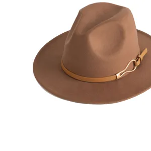 Close-up of the brown fedora hat featuring a stylish slim belt and elegant metal buckle detail.