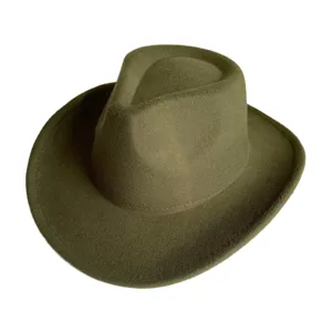 Classic army green wool fedora hat, vintage western cowboy style, perfect for autumn winter.