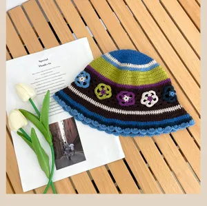 Japanese retro color-blocked handmade knitted bucket hat, sweet floral wool cap for women