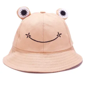 Cute frog bucket hat for women, casual cotton sun hat, lovely cartoon embroidered basin hat.