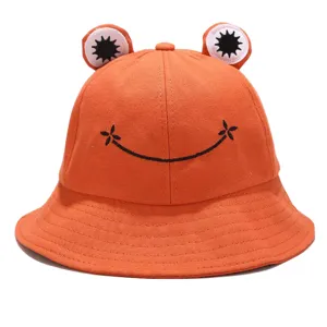 Cute orange frog bucket hat for women, casual cute embroidered sun protection basin hat.