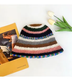 Japanese vintage colorful striped handmade crochet bucket hat for women autumn winter warm