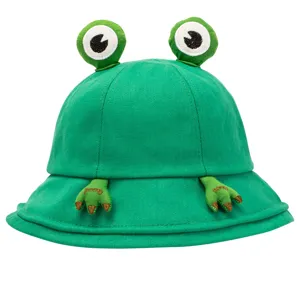 Cute green frog bucket hat with 3D eyes and funny hands design for women and men daily wear.