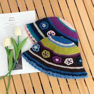 Handmade crochet bucket hat with colorful stripes and floral patterns for women stylish.