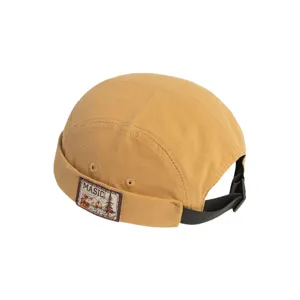 Khaki canvas miki hat detail view, retro docker cap with back strap and woven brand patch.