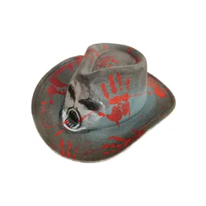 Gruseliger Halloween Cowboyhut mit blutigen Handabdrücken und Totenkopf für Party Kostüm.
