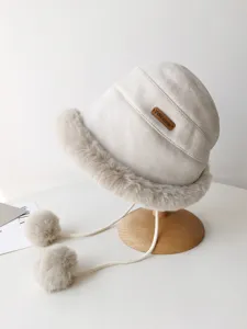 Thickened plush winter fisherman hat with faux suede, soft fur brim, and cute pom-pom strings.