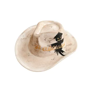 Vintage Halloween Cowboyhut mit Vogelscheuche Grafik und Festival Party Kostüm Details.