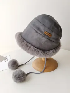 Grey faux suede bucket hat with plush trim and cute pompom ties, winter warm cap.