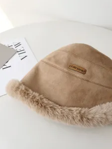Winter warm suede plush bucket hat detail view, thick fuzzy brim design for cold wind protection.