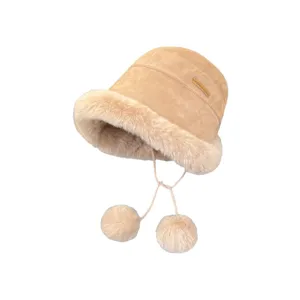 Thickened suede bucket hat with fluffy fur trim and cute double pom-pom ties for winter warmth.