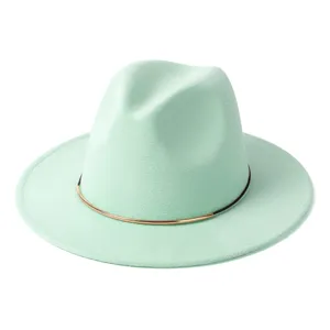 Chapeau fedora en laine vert menthe avec bande métallique, chapeau jazz rétro britannique élégant.