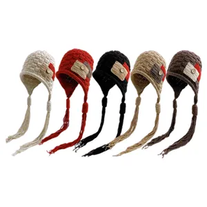 Korean style cute tassel knit hat warm wool earflap pullover cap for women autumn winter