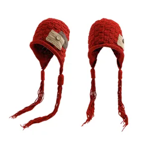 Sweet Cute Acrylic Knit Beanie Hat With Ear Flaps And Long Tassel Braids Warm Windproof Solid Color Winter Ear Protection Headwear For Women Casual Outdoor Leisure