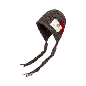 Brown knitted earflap hat with braided tassels and decorative patch for cozy winter wear.
