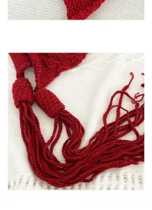 Red knit hat detail autumn winter tassel cozy cute women stylish warm beanie hat accessory.