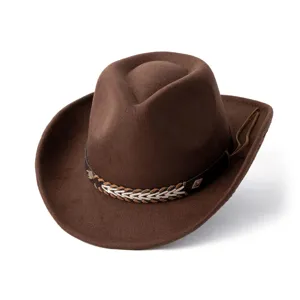 Chapeau de cowboy occidental marron classique pour homme et femme, fedora vintage en feutre.