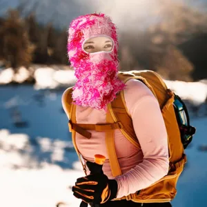 Cagoule duveteuse rose masque de ski hiver plein air drôle fête visage couverture chapeau.
