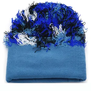 Bonnet en tricot bleu avec franges multicolores, bonnet d'hiver douillet style streetwear pour tous.